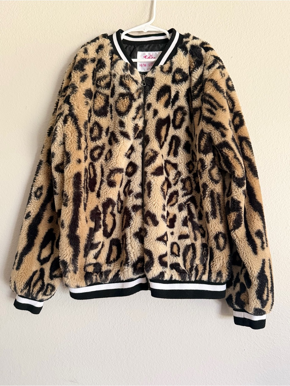Girls Leopard Print Faux Fur Bomber Jacket - Tan/Black